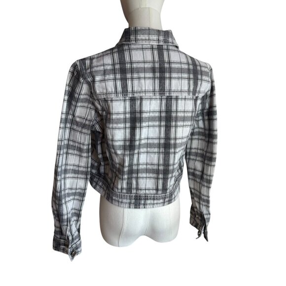 ASOS Black & White Plaid Denim Jacket Size US 8 / UK 12 | Cropped Button Front - Picture 5 of 7